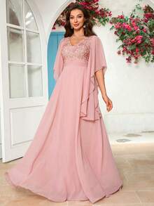 花卉刺绣荷叶边袖奢华雪纺连衣裙 - 粉色 - 查看 6