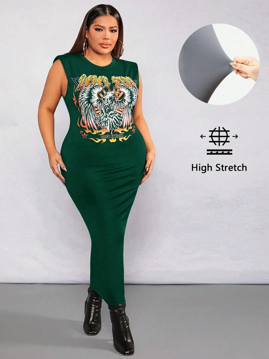 SHEIN SXY Kích thước lớn Của phụ nữ In Eagle Đầm - Màu xanh lá cây đậm - Xem 1