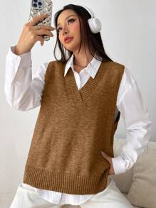 SHEIN EZwear Quý cô Màu thuần Dệt kim Áo vest - Cà phê nâu - Xem 4