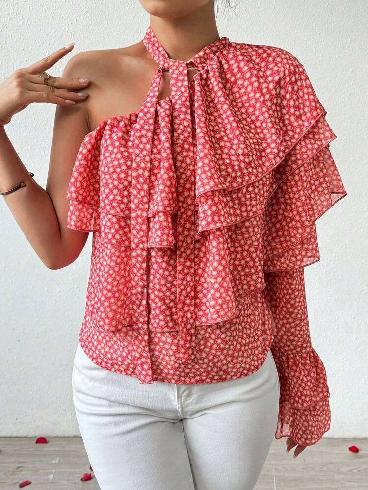 Women's One-Shoulder Floral Print Blouse With Ruffle Trim