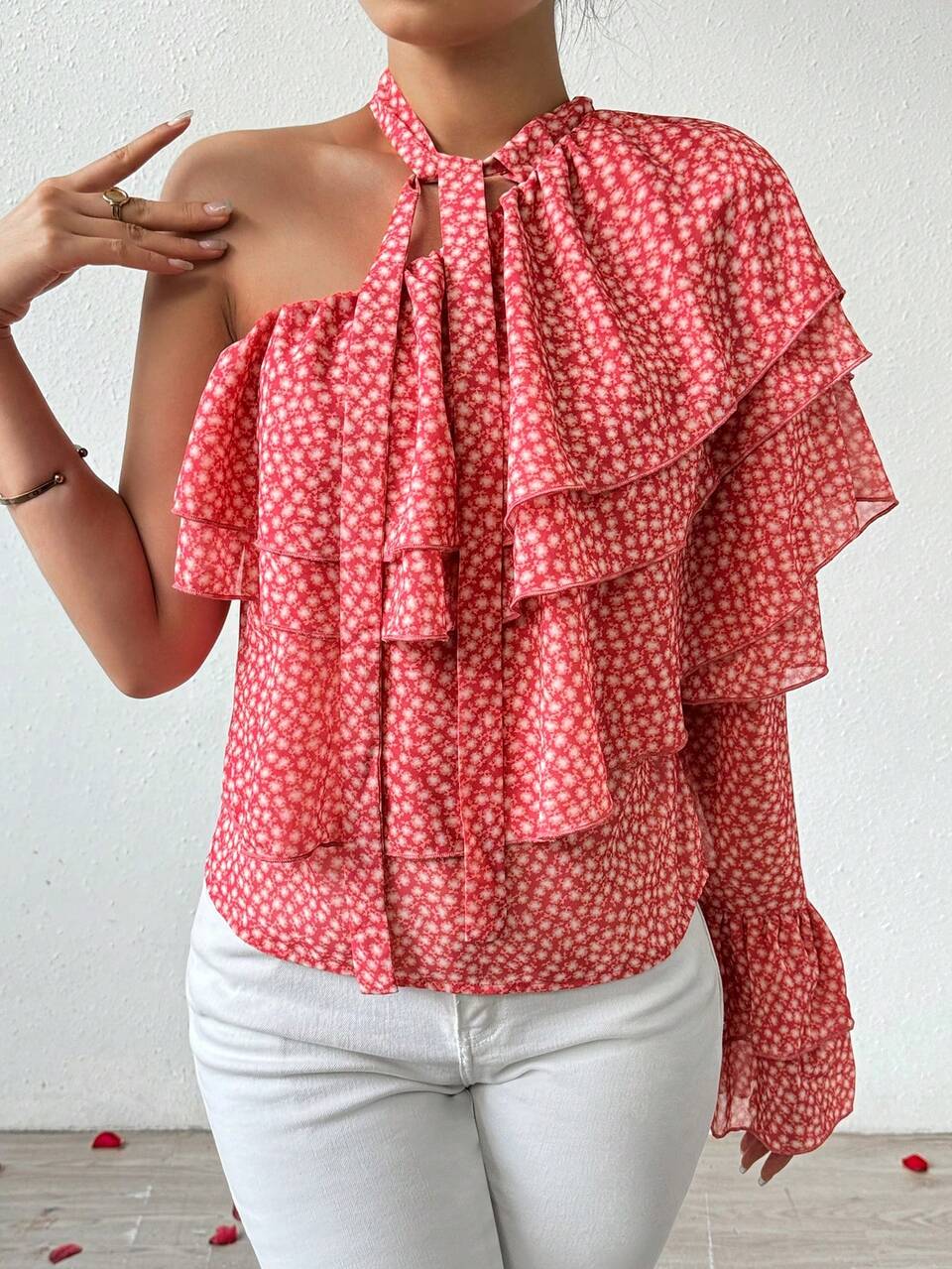 Women's One-Shoulder Floral Print Blouse With Ruffle Trim