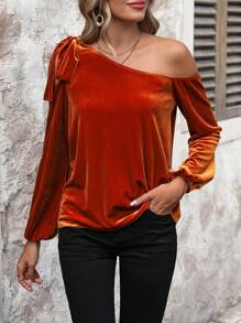 SHEIN LUNE Áo Sơ Mi Nữ Dài Tay Cổ Bất Đối Xứng - Rỉ Nâu - Xem 3