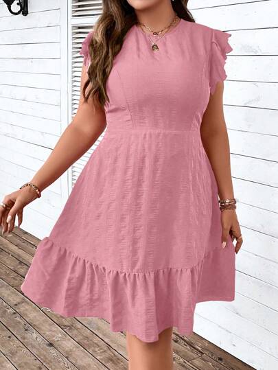 SHEIN LUNE 女裝大碼純色圓領荷葉邊裝飾連衣裙