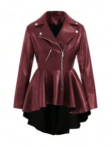 大尺碼不對稱下擺外套 - 酒紅色 - 查看 1