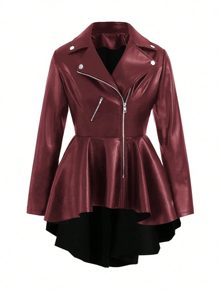 大尺碼不對稱下擺外套 - 酒紅色 - 查看 1