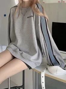 字母图案撞色条纹落肩卫衣 - 灰色 - 查看 3