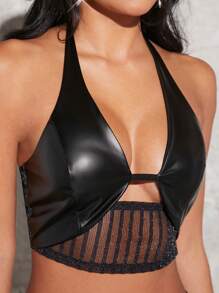 Hauture 剪裁条纹 PU 皮革吊带上衣