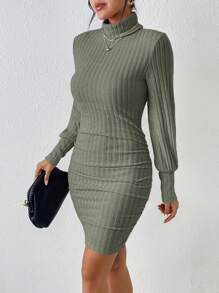 SHEIN Frenchy 女士高領肋紋修身連衣裙 - 軍綠色 - 查看 3