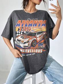 SHEIN EZwear 字母和汽車圖案印花圓領t恤 - 深灰色 - 查看 1