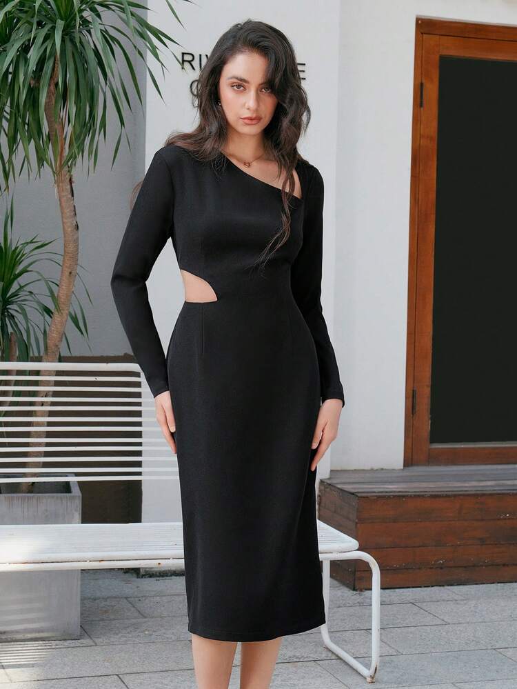 Asymmetric Neckline Hollow Out Waist Long Sleeve Dress (Without Waist Chain) Fall Cloth For Women