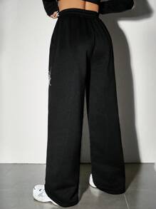 SHEIN EZwear 抽繩腰部蜘蛛網&字母印花慢跑褲 - 黑色 - 查看 2