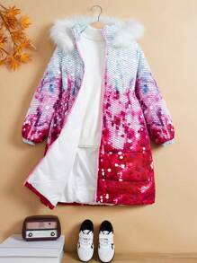 SHEIN Tween Girl Sequin Effect Drop Shoulder Fuzzy Trim Hooded Padded Coat - Multicolor - View 1