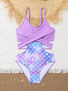 SHEIN Tween Girl One-Piece Swimsuit With Mermaid Scales Print, Hollow Out Detail And Patchwork Design Summer Holiday - Multicolor - View 3