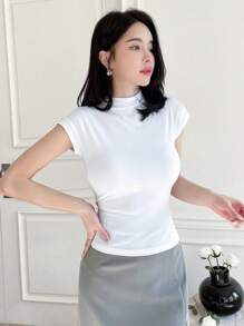 DAZY Màu thuần Đứng cổ áo Áo thun - trắng - Xem 6