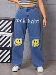 SHEIN EZwear 字母和臉部印花加磨損邊的大碼牛仔褲 - 中等水洗藍 - 查看 1