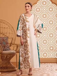 Al Najma 女士时尚优雅随机花卉印花 V 领长袖阿拉伯风格连衣裙，朴素的卡夫坦