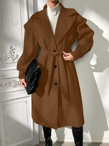 Calvaya Turn-Down Collar Single-Breasted Belted Overcoat