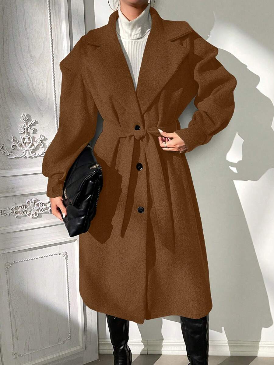 Calvaya Turn-Down Collar Single-Breasted Belted Overcoat