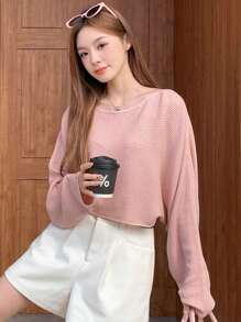 DAZY 純色寬鬆彈性長袖短版毛衣 - 粉色 - 查看 7