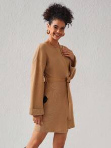 Queen Is The Title Colorblock Round Neck Open Front Drop Shoulder Cardigan - Camel - View 6