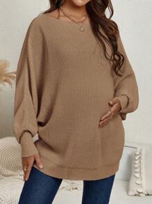 SHEIN 孕婦純色蝙蝠袖毛衣 - 卡其色 - 查看 1