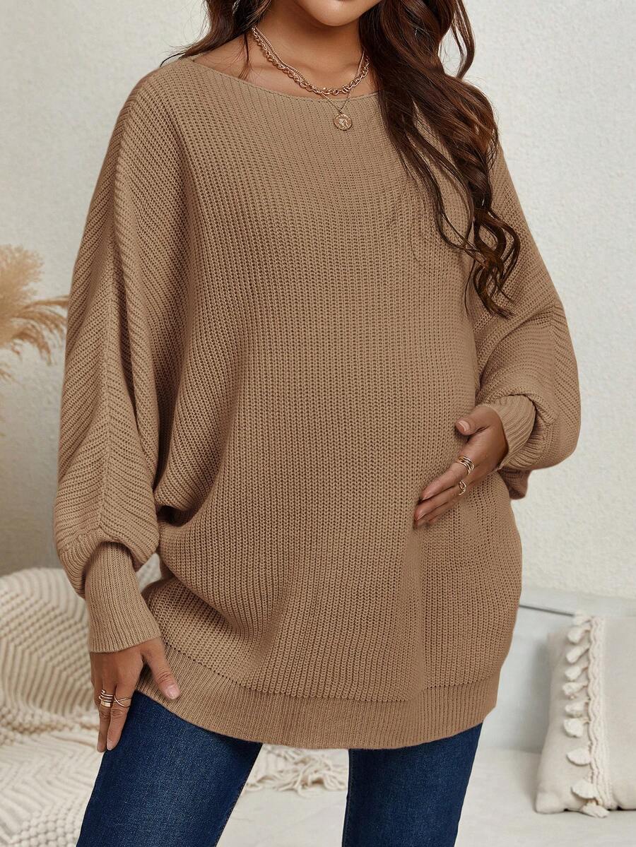 SHEIN 孕婦純色蝙蝠袖毛衣 - 卡其色 - 查看 1