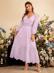 Simplee Women's V-Neck Puff Sleeve Mesh Embroidery Dress - Mauve Purple - View 5