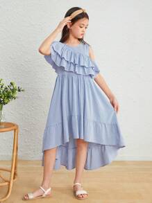 SHEIN Tween 女童宽松休闲荷叶边下摆不对称连衣裙 - 彩色 - 查看 4