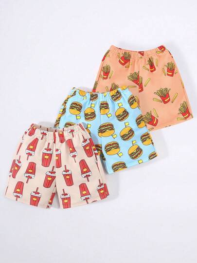 SHEIN Leap Crew Young Boy 3pcs/Set Breathable And Comfortable Shorts Printed With Hamburgers, Cola, And Fries Pattern For Spring And Summer