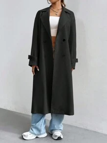 SHEIN Unity 女性翻領雙排扣風衣 - 黑色 - 查看 4