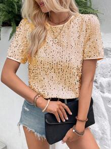 SHEIN LUNE Solid Color Sequin Fabric Round Neck Shirt Party Top For Women