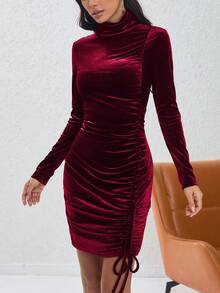 女士立領褶皺絨面洋裝 - 酒紅色 - 查看 5