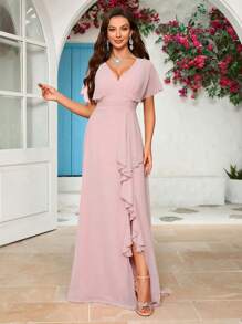 女士 V 领雪纺开衩伴娘服优雅连衣裙、生日女士服装、毕业礼服、正式礼服 - 粉色 - 查看 3