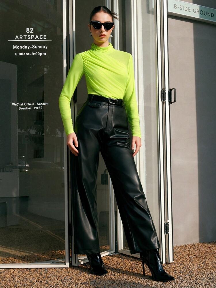 Women's Solid Color Stand Collar Mesh Splicing Long Sleeve Pleated T-Shirt Fall Cloth For Women