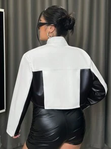 SHEIN ICON Women's Plus Size Color Block Motorcycle Style Double Zipper Jacket, For Winter Fall Autumn - Black and White - View 6