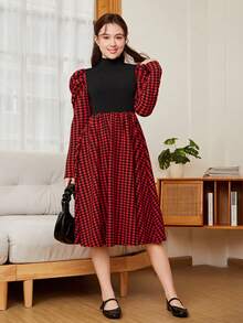 SHEIN 青少女毛線拼接大腳骨圖案立領泡泡袖休閒裙,無腰帶 - 酒紅色 - 查看 4