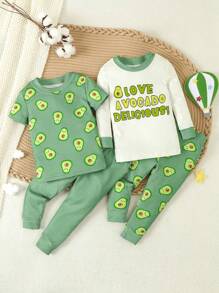 嬰兒男童卡通字母印花修身家居套裝 - 綠色 - 查看 1