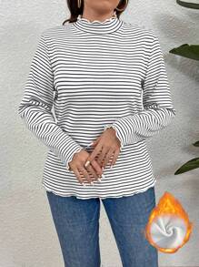 EMERY ROSE Tricou cu dungi cu tiv cu salată verde - Alb-negru - Vizualizare 3