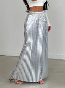 EURMUSE Elastic Waistband Pleated Skirt - Silver - View 1
