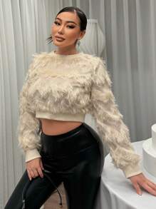 SHEIN SXY Ngắn Viền tua Trang trí Áo nỉ - Màu be - Xem 3