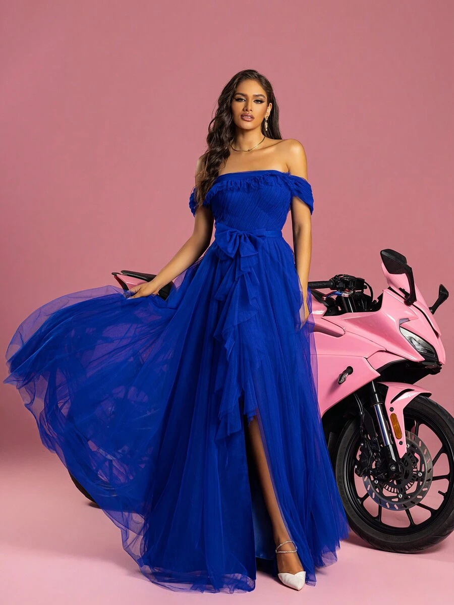 Vipgirl 女士浪漫網眼露肩蝴蝶結雞尾酒禮服 - 寶藍色 - 查看 1