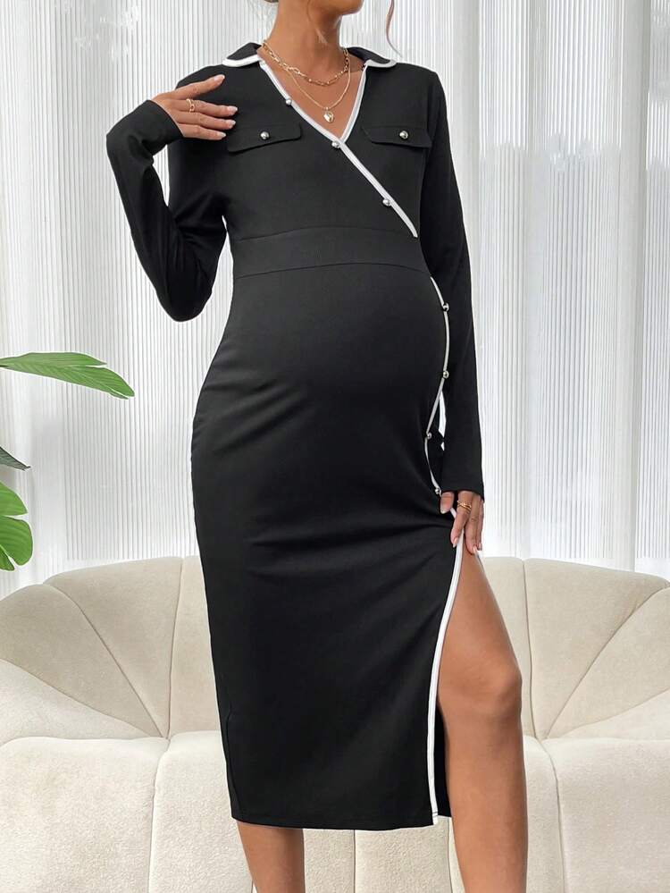 Maternity Color Block Edging Detail Long Sleeve High Side Split Hem Dress