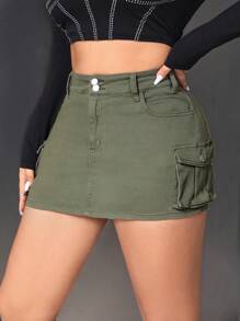 SHEIN ICON 大尺碼女士工作服牛仔裙帶口袋 - 軍綠色 - 查看 5