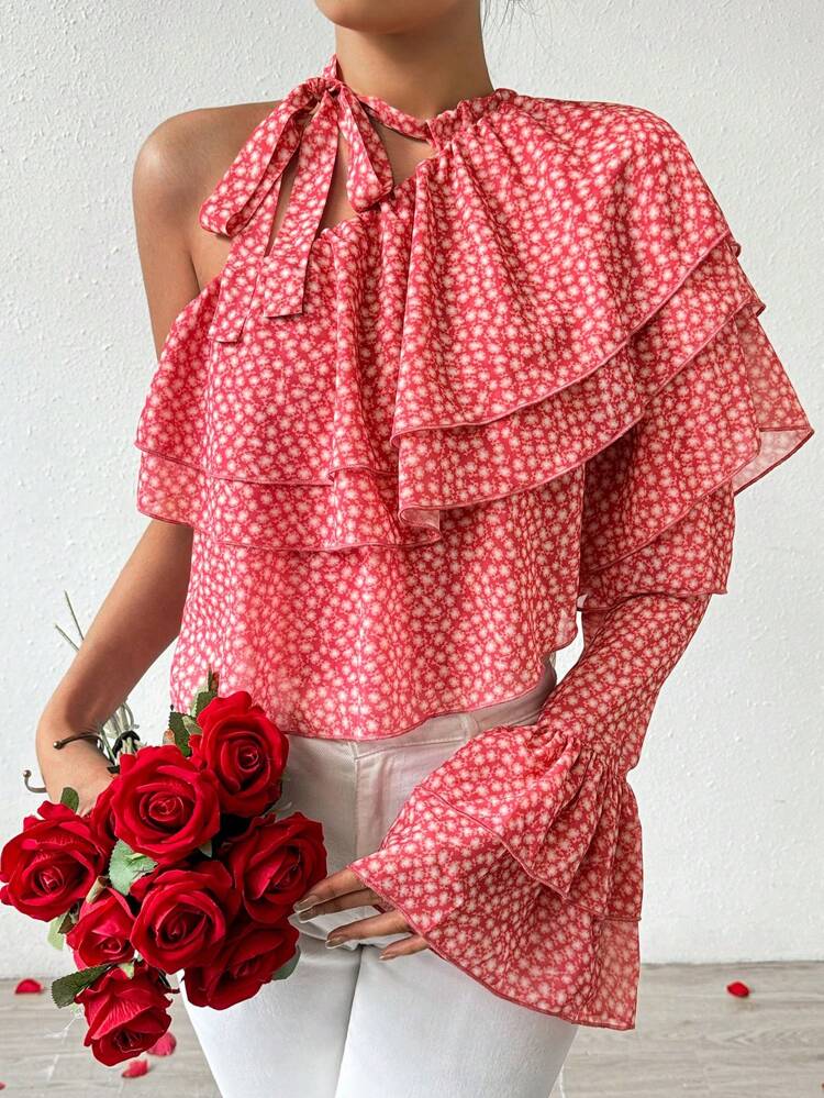 Women's One-Shoulder Floral Print Blouse With Ruffle Trim