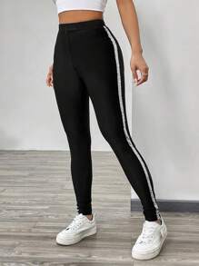 SHEIN Essnce 側邊對比流光打底褲 - 黑色 - 查看 6