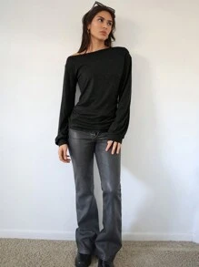 Siren Gaze Women Slash Shoulder Long Sleeve T Shirt,Black Long Sleeve Tops,Autumn Women's Clothing,Women's Clothing
