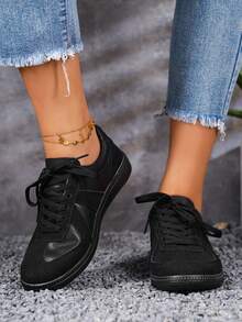 女款黑色德迅鞋平底復古時尚休閒百搭運動鞋 - 黑色 - 查看 5