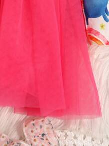 Infant Girls' Cartoon Dinosaur Print Dress With Bow Decoration, Net Overlay And Ruffled Hem - Multicolor - View 3