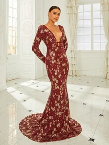Vestido De Noche Formal Para Fiesta De Noche Para Mujer Con Lentejuelas De Patrón Floral En Escote En V Profundo - Burdeos - Ver 6
