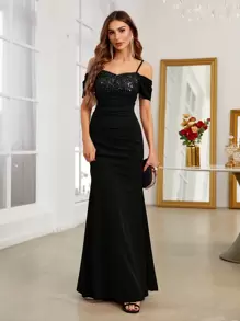 SHEIN Belle Women's Off Shoulder Mermaid Hem Party Dress (Heavy Industry Style) Black Elegant Formal Evening Prom Wedding Guest Gown, For Graduation, Dinner - Black - View 5